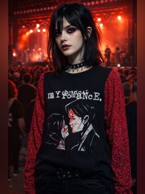 Custom Upcycled MCR My Chemical Romance Graphic Tee Top Red Blouse Sleeves OSFM